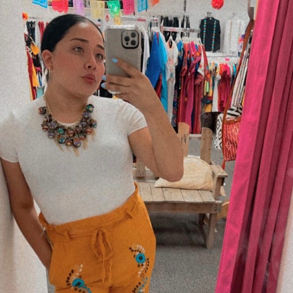 Mexican Mustard Rayon Floral Embroidered Drawstring Pants - Picture 2 of 3